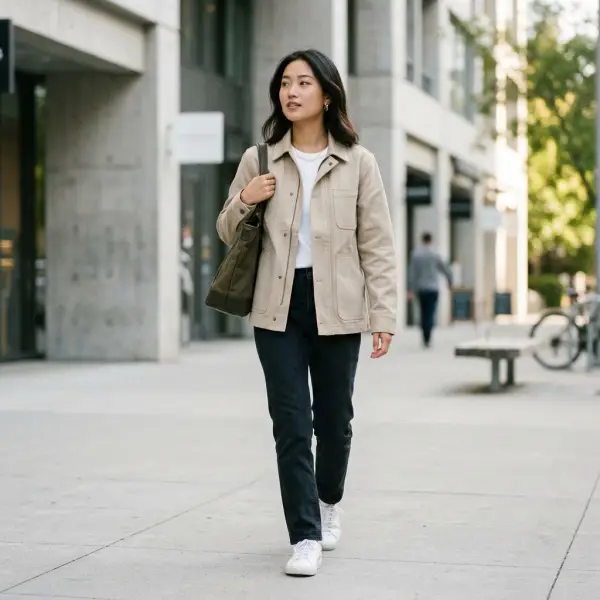 Model mengenakan jaket berbahan kain kanvas twill untuk menunjukkan struktur dan jatuh kain