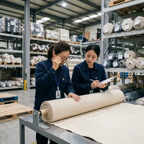 Tim quality control memeriksa kualitas kain kanvas twill sebelum proses produksi