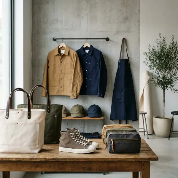 Berbagai produk fashion berbahan kain kanvas twill seperti tas, sepatu, topi, dan jaket