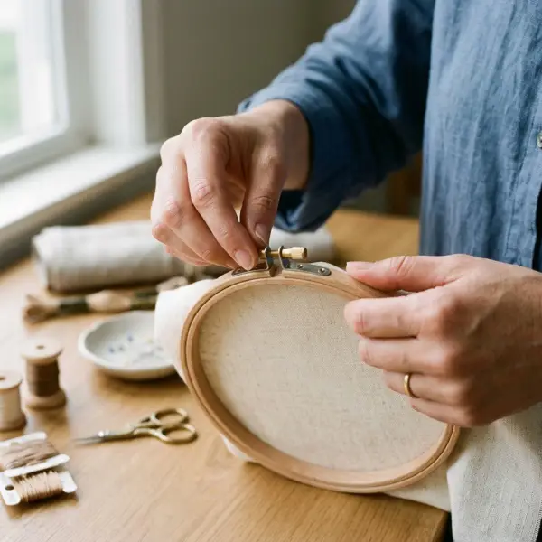 Memasang kain pada embroidery hoop sebelum membuat tusuk tangkai