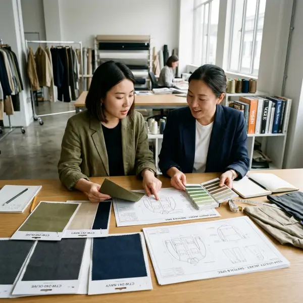 Tim pengembangan produk fashion memilih sampel kain kanvas twill untuk koleksi baru