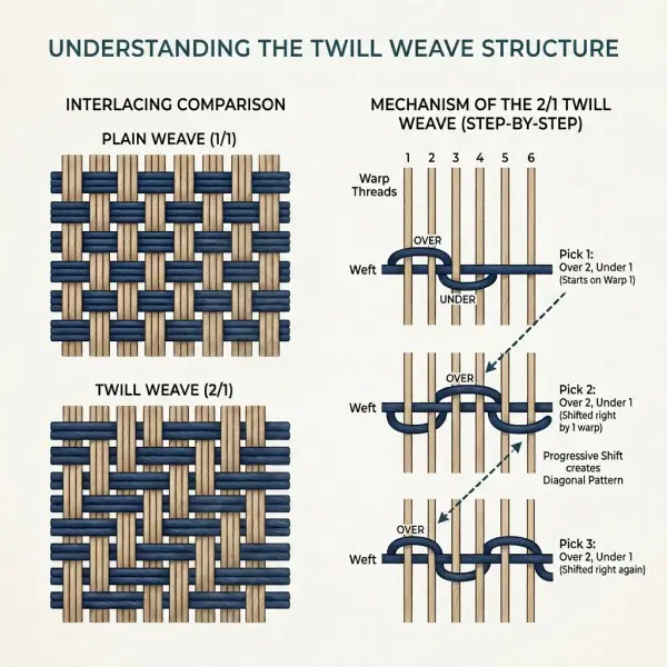 Diagram sederhana yang memperlihatkan struktur anyaman twill dengan pola diagonal pada kain kanvas