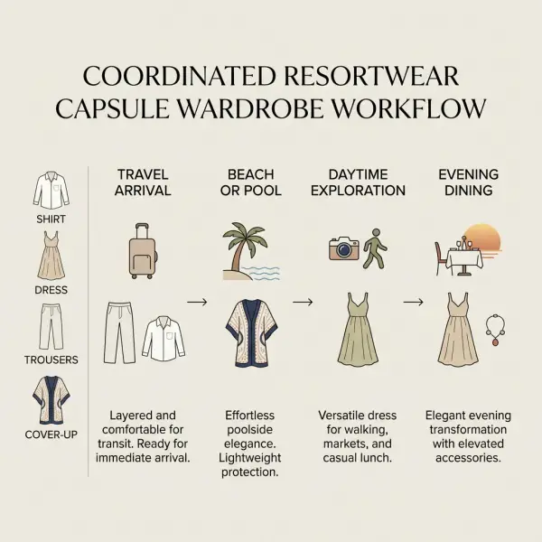 Resortwear wardrobe moving from travel to beach and evening occasions Resortwear wardrobe moving from travel to beach and evening occasions