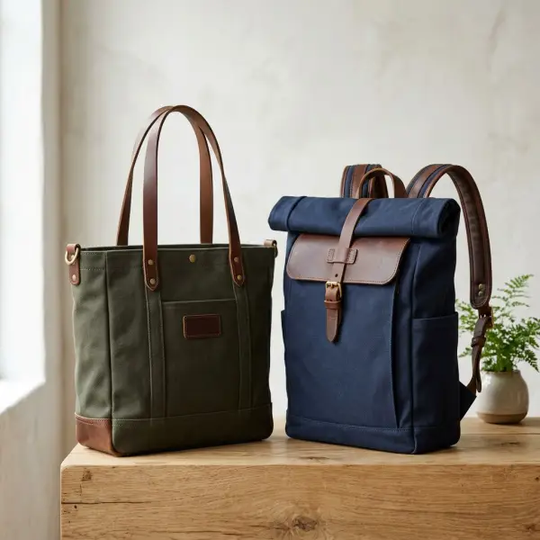 Tote bag dan backpack berbahan kain kanvas twill di studio fotografi produk