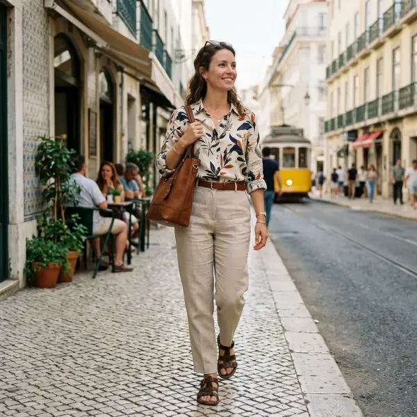 Woman adapting a relaxed vacation outfit for everyday city wear Woman adapting a relaxed vacation outfit for everyday city wear