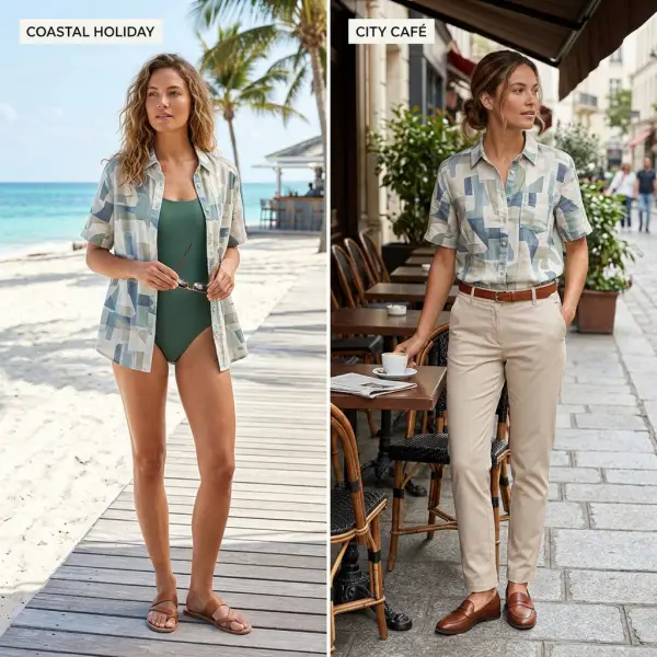 Visual progression from vacation outfit to everyday styling Visual progression from vacation outfit to everyday styling