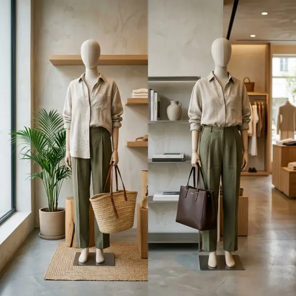 Fashion retail display showing vacation clothing styled for travel and city use Fashion retail display showing vacation clothing styled for travel and city use