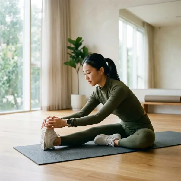 Model mengenakan activewear berbahan scuba untuk aktivitas ringan di studio kebugaran Model mengenakan activewear berbahan scuba untuk aktivitas ringan di studio kebugaran