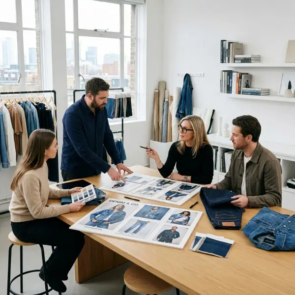 Tim kreatif menganalisis kampanye iklan fashion Diesel di studio desain modern Tim kreatif menganalisis kampanye iklan fashion Diesel di studio desain modern