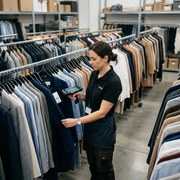 Retail employee conducting an accurate garment stock count using item identification technology Retail employee conducting an accurate garment stock count using item identification technology
