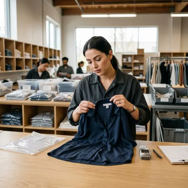 Fashion e-commerce returns being inspected before returning garments to sellable inventory
