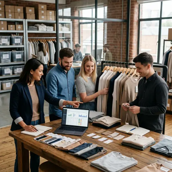Fashion retail team reviewing apparel inventory across store and online sales channels Fashion retail team reviewing apparel inventory across store and online sales channels