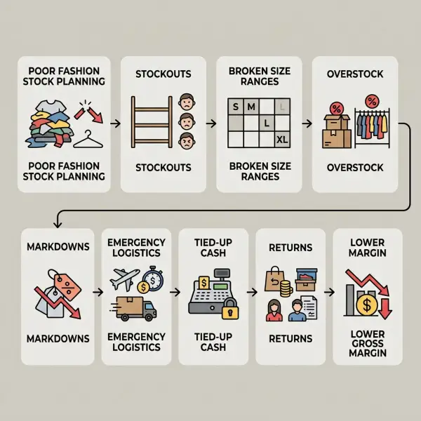 Diagram showing how poor fashion stock planning creates multiple forms of profit leakage