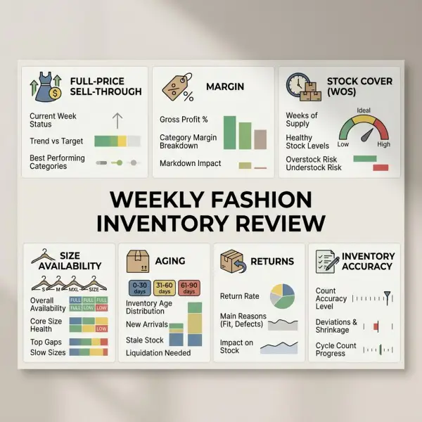 Weekly fashion inventory profitability review covering margin, availability, aging, and stock risk