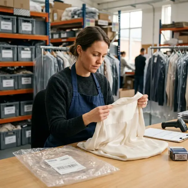 Apparel return being inspected and restored to sellable fashion inventory Apparel return being inspected and restored to sellable fashion inventory