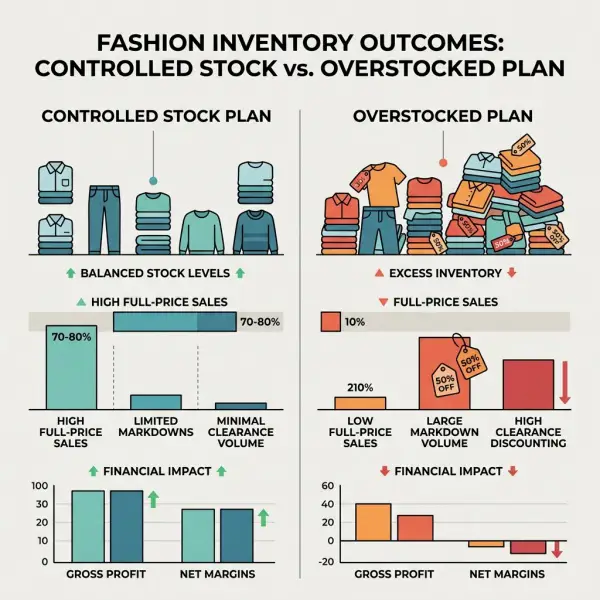 Comparison of controlled fashion stock planning and overbuying with markdown-driven revenue