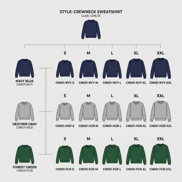 Diagram showing how one fashion style becomes multiple inventory SKUs by color and size Diagram showing how one fashion style becomes multiple inventory SKUs by color and size