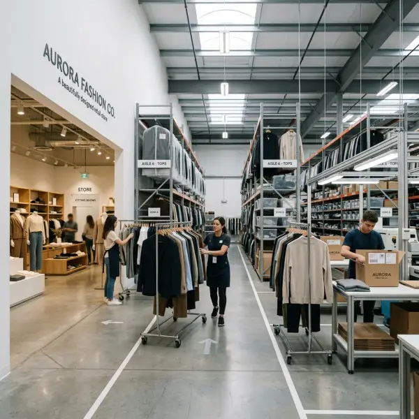 Fashion inventory moving between warehouse, physical store, and online order fulfillment Fashion inventory moving between warehouse, physical store, and online order fulfillment