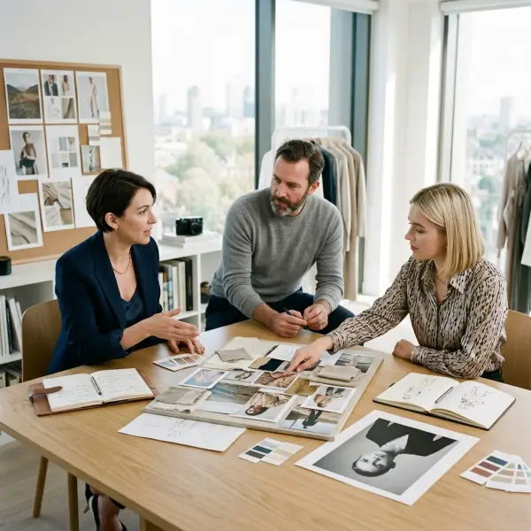 Tim kreatif mendiskusikan simbol visual dalam kampanye fashion modern Tim kreatif mendiskusikan simbol visual dalam kampanye fashion modern