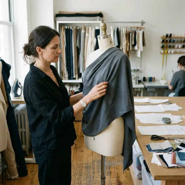 Fashion designer evaluating lyocell fabric drape on a modern garment Fashion designer evaluating lyocell fabric drape on a modern garment