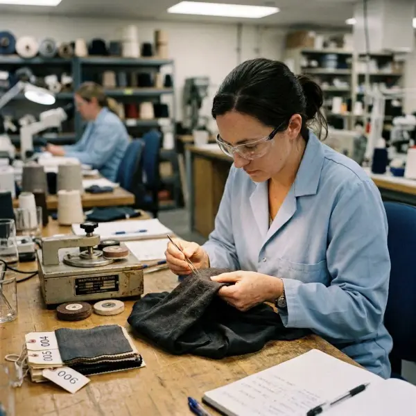 Textile technician inspecting lyocell fabric for surface fibrillation and pilling Textile technician inspecting lyocell fabric for surface fibrillation and pilling