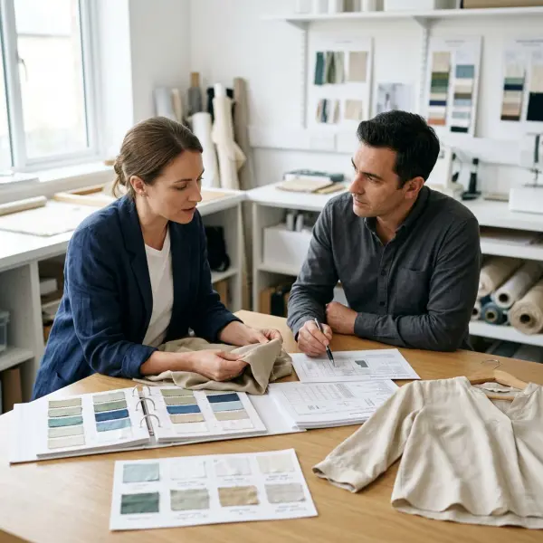 Fashion sourcing team reviewing lyocell fabric specifications and garment samples Fashion sourcing team reviewing lyocell fabric specifications and garment samples