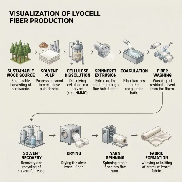 Simplified workflow showing the production of lyocell fiber from cellulose pulp Simplified workflow showing the production of lyocell fiber from cellulose pulp