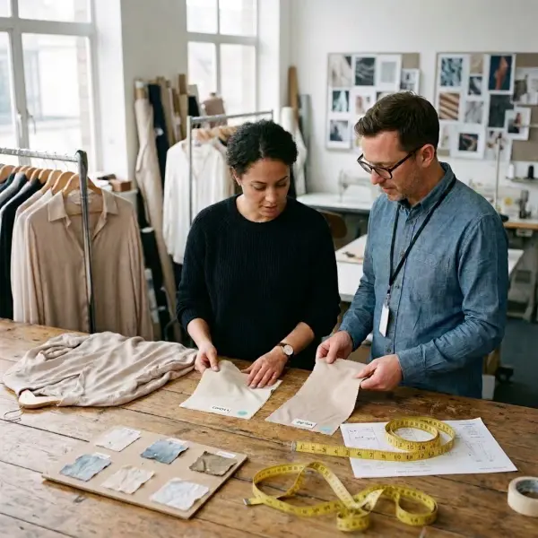 Fashion sourcing team comparing lyocell and viscose fabric test results
