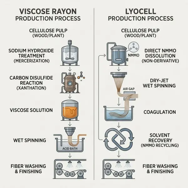 Comparison workflow of lyocell and viscose rayon fiber production processes