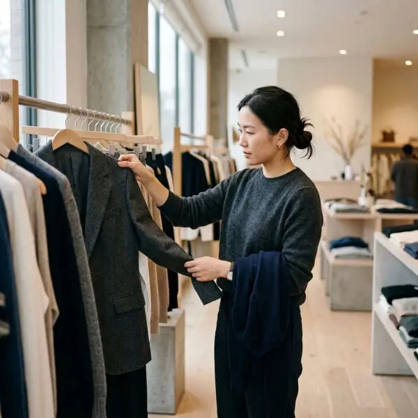 Konsumen memilih pakaian yang nyaman dengan memeriksa bahan dan kualitas jahitan di toko fashion Konsumen memilih pakaian yang nyaman dengan memeriksa bahan dan kualitas jahitan di toko fashion