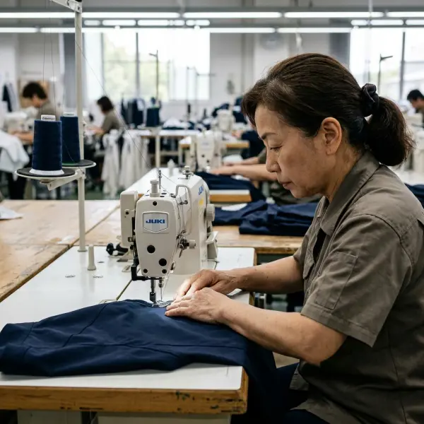 Operator garmen menggunakan benang polyester pada mesin jahit industri Operator garmen menggunakan benang polyester pada mesin jahit industri