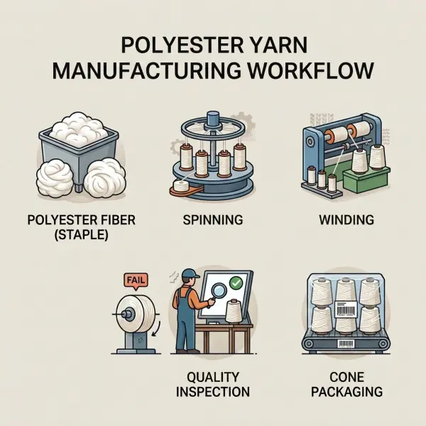 Proses pemintalan serat polyester menjadi benang di pabrik tekstil Proses pemintalan serat polyester menjadi benang di pabrik tekstil