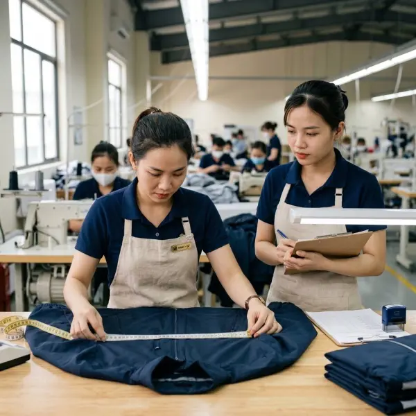 Tim quality assurance mengevaluasi hasil jahitan menggunakan benang polyester sebelum produksi massal Tim quality assurance mengevaluasi hasil jahitan menggunakan benang polyester sebelum produksi massal