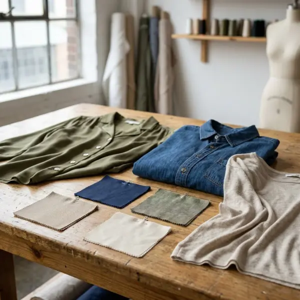 Lyocell fabric swatches and modern garments displayed in a fashion textile studio Lyocell fabric swatches and modern garments displayed in a fashion textile studio