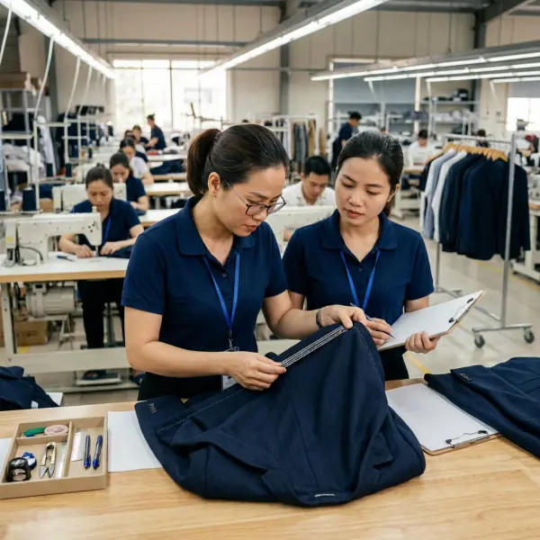 Tim quality control memeriksa kualitas jahitan pakaian menggunakan benang polyester Tim quality control memeriksa kualitas jahitan pakaian menggunakan benang polyester