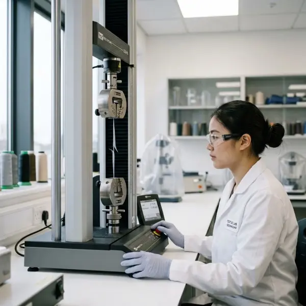 Pengujian kekuatan benang polyester pada laboratorium tekstil Pengujian kekuatan benang polyester pada laboratorium tekstil