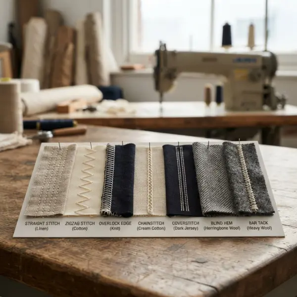 Basic sewing machine stitch samples sewn on woven and knitted fabrics