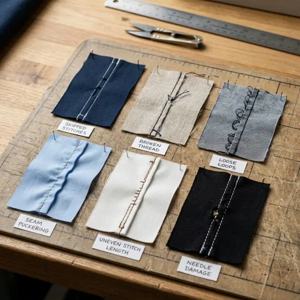 Common garment stitching problems including skipped stitches, puckering, looping, and thread breakage