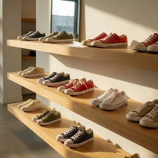Koleksi sepatu kets dipajang pada rak toko fashion modern Koleksi sepatu kets dipajang pada rak toko fashion modern