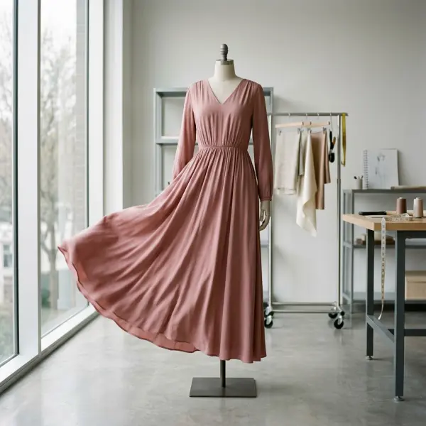 Dress berbahan rayon dengan jatuh kain yang lembut dan alami Dress berbahan rayon dengan jatuh kain yang lembut dan alami