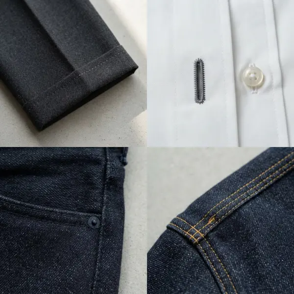 Close-up of blind hem, buttonhole, bar tack, and decorative topstitching