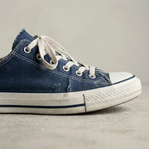 Detail konstruksi sepatu kets dengan sol karet dan bagian atas berbahan kanvas