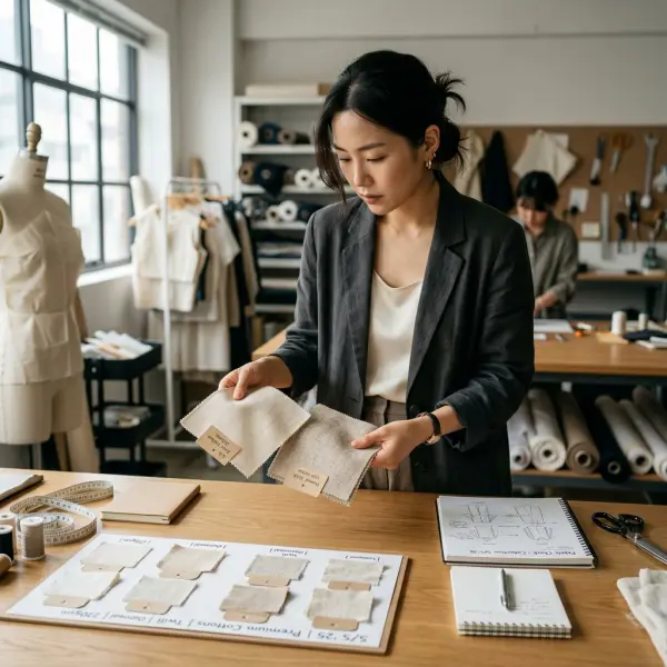 Fashion designer memeriksa berbagai sampel kain katun sebelum menentukan material produksi
