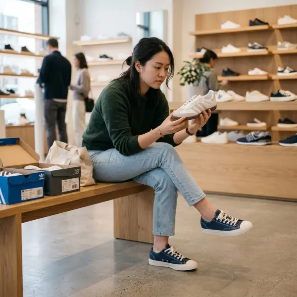 Konsumen mencoba beberapa model sepatu kets sebelum membeli Konsumen mencoba beberapa model sepatu kets sebelum membeli