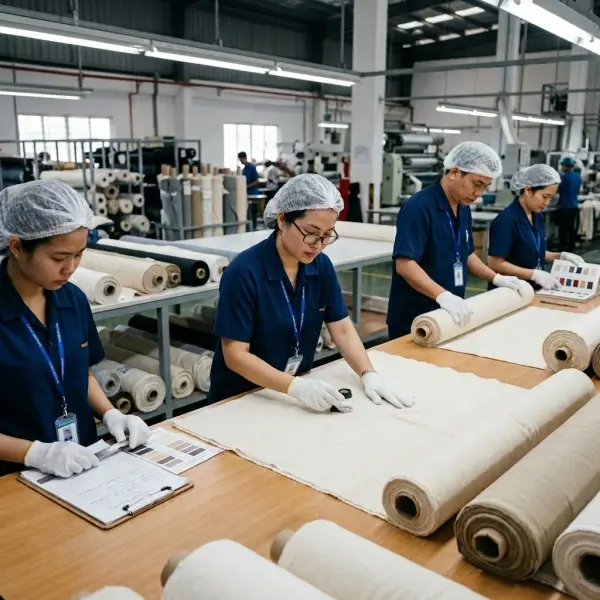 Tim quality control memeriksa kualitas kain katun sebelum proses produksi Tim quality control memeriksa kualitas kain katun sebelum proses produksi