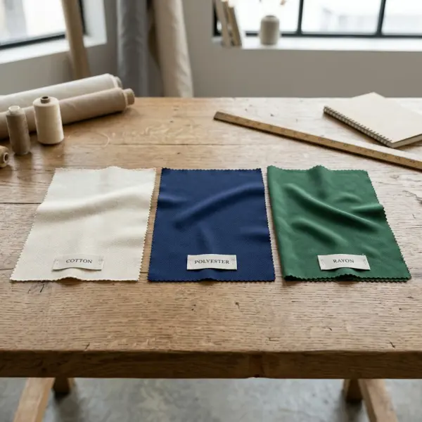 Tiga jenis kain yaitu katun, polyester, dan rayon dengan tekstur berbeda Tiga jenis kain yaitu katun, polyester, dan rayon dengan tekstur berbeda
