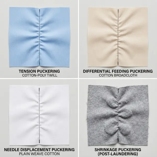 Comparison of tension, feeding, displacement, and shrinkage seam puckering