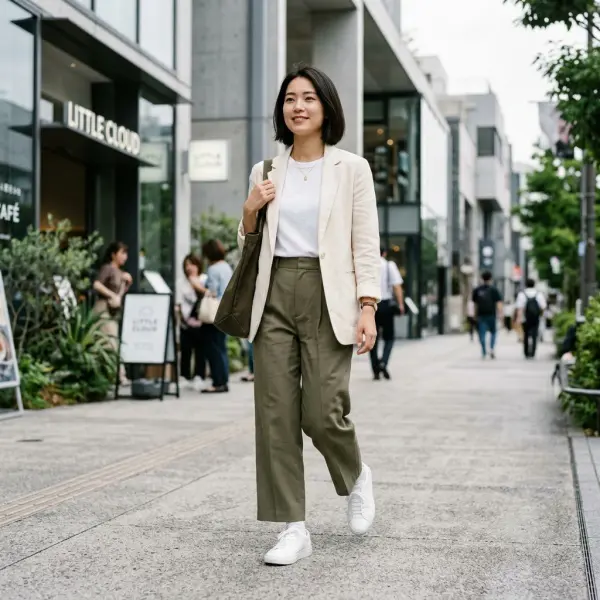 Sepatu kets dipadukan dengan outfit kasual modern di lingkungan perkotaan