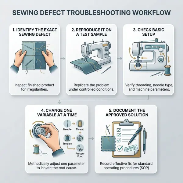 Step-by-step workflow for diagnosing garment stitching defects
