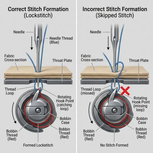 Correct lockstitch formation compared with a skipped stitch caused by missed thread loop